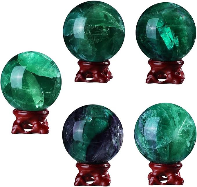 SUNYIK Natural Fluorite Ball Sphere with Resin Stand Polished Crystal Sphere Stone Figurine Decor for Home Office Tabletop, 2.4-2.7”(61-70mm)