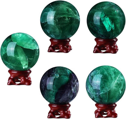 SUNYIK Natural Fluorite Ball Sphere with Resin Stand Polished Crystal Sphere Stone Figurine Decor for Home Office Tabletop, 2.4-2.7”(61-70mm)
