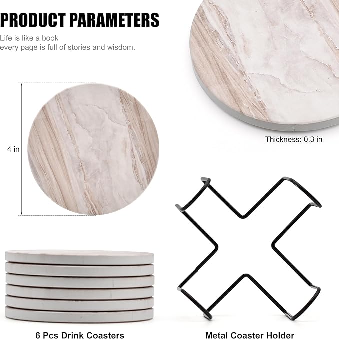 Hoewina 6Pcs Drink Coasters with Holder, Marble Style Ceramic Drink Coaster, Absorbent Coasters Set Suitable for Kinds of Cups, Modern Style Coasters for Coffee Table, 4 Inches（Render Style）