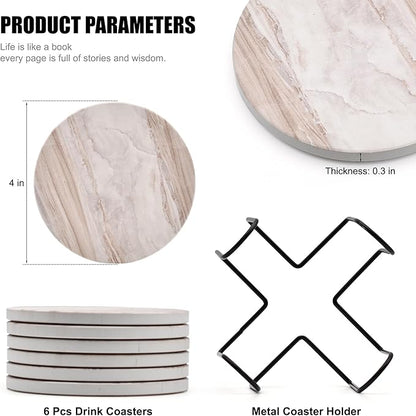 Hoewina 6Pcs Drink Coasters with Holder, Marble Style Ceramic Drink Coaster, Absorbent Coasters Set Suitable for Kinds of Cups, Modern Style Coasters for Coffee Table, 4 Inches（Ocean Style）