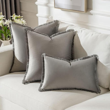 FUTEI Grey Velvet Decorative Throw Pillow Covers 20x20 Set of 2,Soft Cozy Edge with Tassels Cushion Case,Boho Modern Home Decor for Couch Bed Living Room