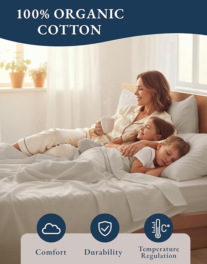 LANE LINEN 100% Organic Cotton Twin XL Sheets Set 3-Piece Pure Percale Soft Bedding Breathable Fits Mattress Upto 15" Deep - Glacier Grey