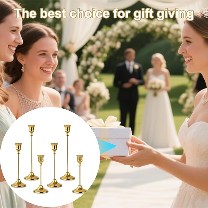 Candlestick Holders 6pcs Gold Candle Holders, Brass Metal Taper Candle Holders, Vintage Modern Decorative Centerpiece Candle Sticks Holder Decor for Table Mantel Wedding Party Housewarming Gift