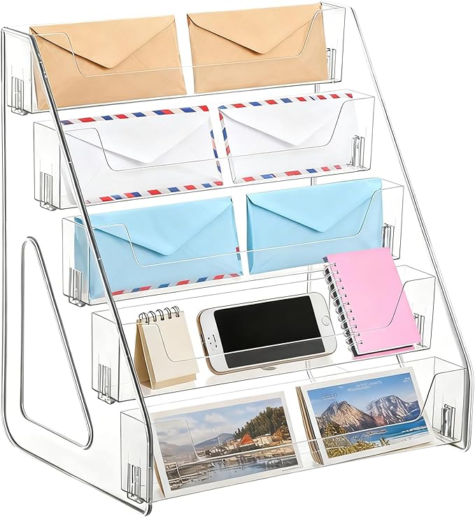 5-Tier Mail Organizer Countertop Laddered Acrylic File Mail Desktop Organizer Sorters Clear Letter Holder Multifunctional Desk File Storage Holders Envelope Folder Racks for Office Home School