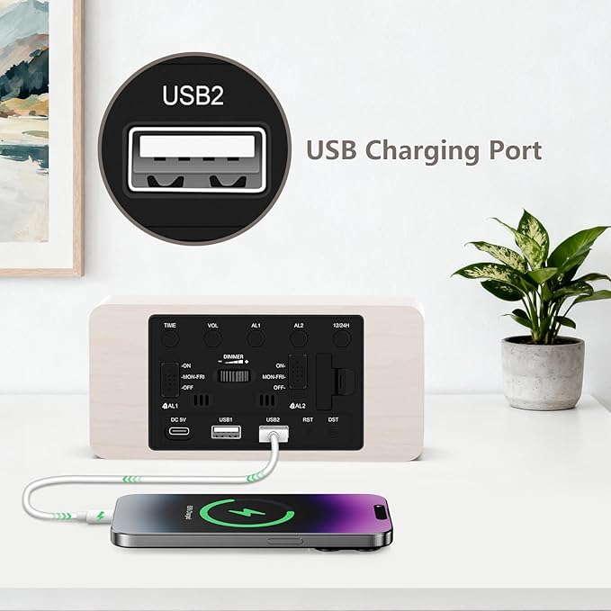 Wooden Digital Alarm Clock for Bedroom - Desk Clock with Date, Day of Week, Temperature, Dual Alarms, Dimmer, USB Port Charge, DST, Adjustable Volume for Living Room/Office Wood Decor (White)