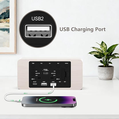 Wooden Digital Alarm Clock for Bedroom - Desk Clock with Date, Day of Week, Temperature, Dual Alarms, Dimmer, USB Port Charge, DST, Adjustable Volume for Living Room/Office Wood Decor (White)