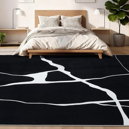 YIHOUSE Abstract Washable Rug 5x7,Ultra Thin Non Slip Black Rugs for Living Room,Modern Minimalist White Stripe Rugs for Bedroom,Dining Room Office Playroom (5'x7',Black-1)