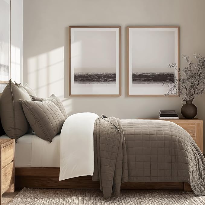 EVERGRACEHOME 100% Cotton Box Stitch Quilt Bedding Set Queen Size 3 Pieces, Garment-Washed Lightweight Soft Cozy Coverlet, Quilted Bedspread Sets with 2 Shams for All Season, Mocha Brown