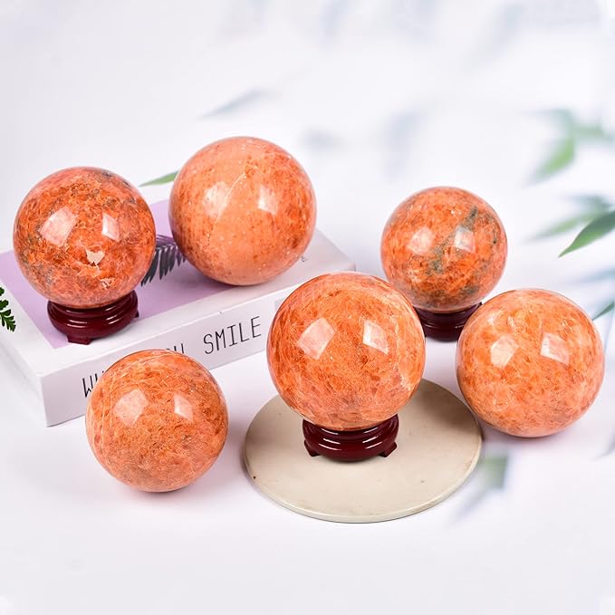 JIC Gem Natural Sunstone Sphere Ball with Wooden Stand for Fengshui Rare Healing Crystal Decoation Meditation Energy Reiki (90-100mm)