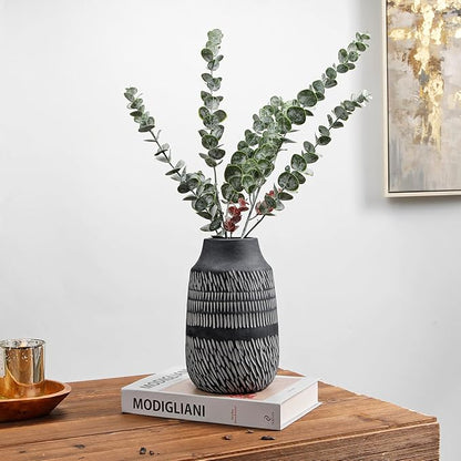 9" Textured Vase with Linear Stripe, Rustic Ceramic Vase for Home Office Tabletop Decor, Industrial, Vintage & Farmhouse Style, Slender & Dark Grey