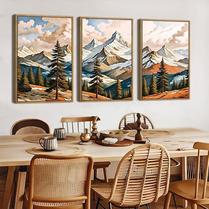 Large Woodcut Style Mountains Framed Canvas Wall Art,Vintage Pine Trees Wall Decor,Boho Natural Snow Ridge Artwork,Modern Woodland Landscape Art Print for Living Room,Bedroom,Office- 16"x24"x3