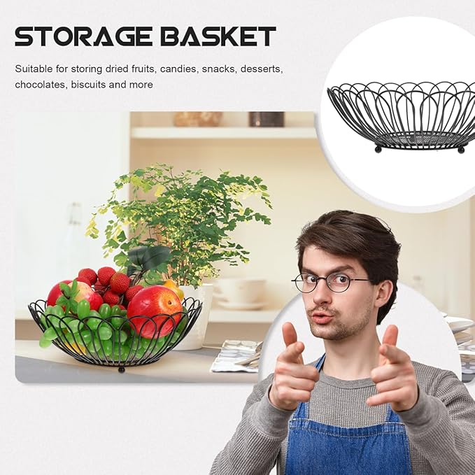 Angoily Fruit Basket, 11.59 Inches Wire Bread Basket for Kitchen Counter, Black Round Fruit Bowl for Lemon, Banana, Candy, Snack in Office