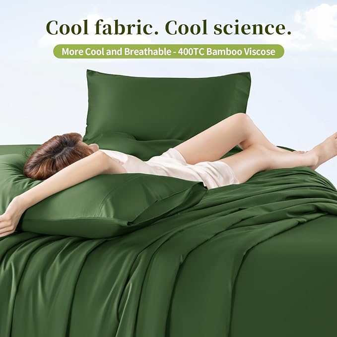 Shilucheng 100% Viscose Derived from Bamboo_ Sheets King Size 4pcs - Ultra Cooling & Silky Soft Bed Sheets, 16" Deep Pocket, Perfect for Hot Sleepers, Hotel Bedding Sheets (Olive)