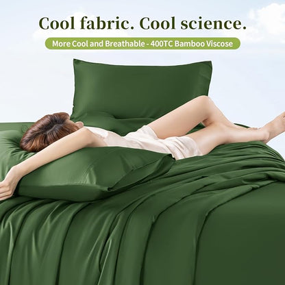 Shilucheng 100% Viscose Derived from Bamboo_ Sheets King Size 4pcs - Ultra Cooling & Silky Soft Bed Sheets, 16" Deep Pocket, Perfect for Hot Sleepers, Hotel Bedding Sheets (Olive)