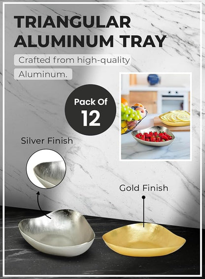Serene Spaces Living Triangular Aluminum Tray, Gold & Silver Shiny Decorative Metal Tray, Holder for Accessories, Candles, Jewelry, Snacks, Fruits, Centerpiece for Kitchen or Dining Table, Pack of 12