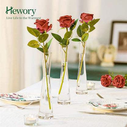 Hewory Glass Bud Vases for Centerpieces Set of 3, Handmade Modern Clear Small Skinny Decorative Single Flower Vase, Minimalist Slim Floral Vase for Home Wedding Party Events Table Decor, 7.87"