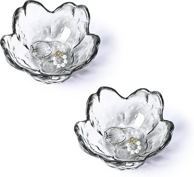 Koythin 2-Piece Glass Jewelry Tray, Mini Ring Dish for Necklace Earring Bracelet, Cute Trinket Tray for Engagement Vanity Bathroom, Crystal Floral Aesthetic Room Decor for Women Girl Mom (Gray)