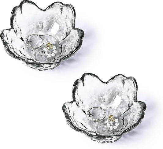 Koythin 2-Piece Glass Jewelry Tray, Mini Ring Dish for Necklace Earring Bracelet, Cute Trinket Tray for Engagement Vanity Bathroom, Crystal Floral Aesthetic Room Decor for Women Girl Mom (Gray)