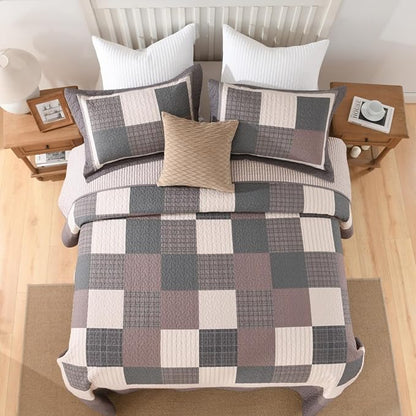 EWlinens 100% Cotton 120"x120" Oversized King Bedspread - Farmhouse Extra Large Quilts King Size, All Season Patchwork Plaid Rustic Striped Quilt Bedding Set, 3pcs, Chocolate Malt/Brown/Black/Beige