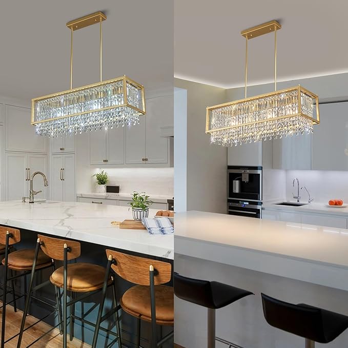 LMQNINE Modern Rectangle Chandelier for Dining Room, Gold Crystal Chandelier Linear Light Fixture, Farmhouse Chandeliers for Kitchen Island, Bar Table, L35.43'' x W11.81'' x H9.84''