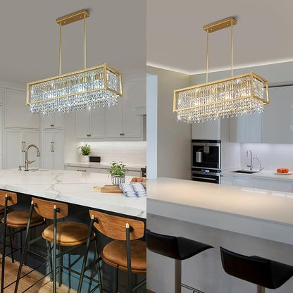 LMQNINE Modern Rectangle Chandelier for Dining Room, Gold Crystal Chandelier Linear Light Fixture, Farmhouse Chandeliers for Kitchen Island, Bar Table, L35.43'' x W11.81'' x H9.84''