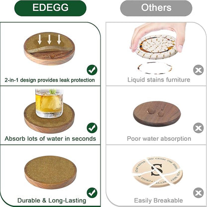 5 Pack Coasters for Drinks Absorbent, Wood Coasters with Felt Pads, Drink Coasters for Coffee Tabletop Protection, Non-Slip, Non-Stick, Suit for Kinds of Cups 4.3 inch Brown