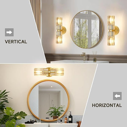 Gold Wall Sconce, Modern Bathroom Sconces Wall Lighting Vanity Light Fixtures with Clear Crystal, Hardwired Brushed Brass Wall Mount Lights for Living Room Corridor Mirror Bedroom Stairs