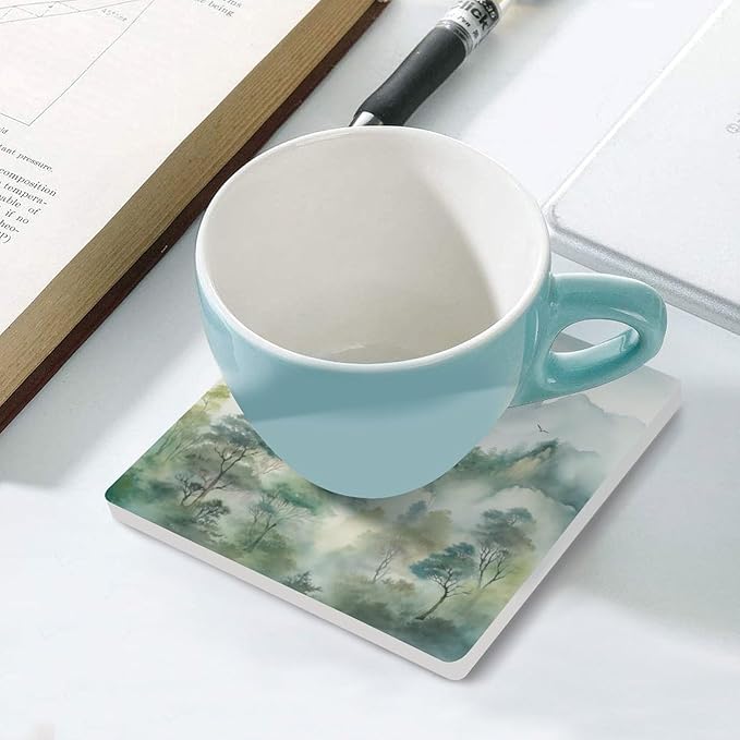 Forest Drink Coasters,Square Ceramic Drink Coaster 6PCS, Watercolor Style Nature Woodland Green Forest Mountain Plant Flying Birds Decor Absorbent Ceramic Coasters for Beverage Cup, Bar, Coffee Table