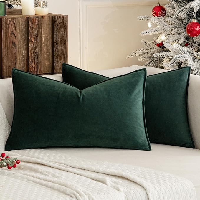 MIULEE Pack of 2 Christmas Decorative Velvet Throw Pillow Cover Soft Pillowcase Solid Square Cushion Case for Winter Sofa Bedroom Car 12x20 Inch 30x50 Cm Army Green