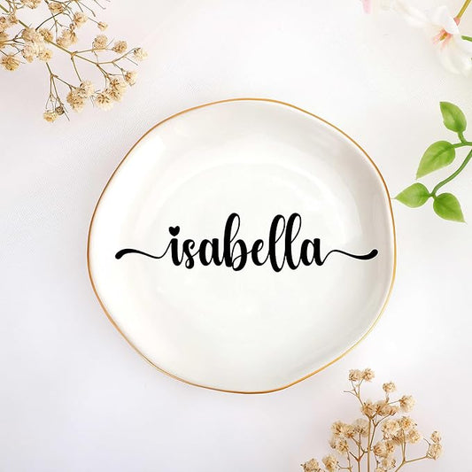 JoycuFF Isabella Personalized Name Ceramic Jewelry Tray, Mothers Day Christmas Anniversary Engagement Birthday Gifts for Women Couples, Trinket Dish for Rings Earrings Necklaces Bracelets Keys