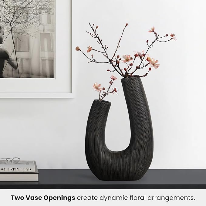Torre & Tagus Black U Shaped Vase for Flowers - 12 Inch Tall Textured Vases for Centerpieces with 2 Openings, Sculptures Home Decor & Abstract Sculptures Home Decor for Shelf Decor Aesthetic (Alma)