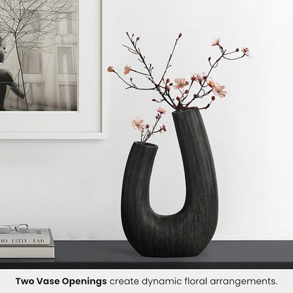Torre & Tagus Black U Shaped Vase for Flowers - 12 Inch Tall Textured Vases for Centerpieces with 2 Openings, Sculptures Home Decor & Abstract Sculptures Home Decor for Shelf Decor Aesthetic (Alma)
