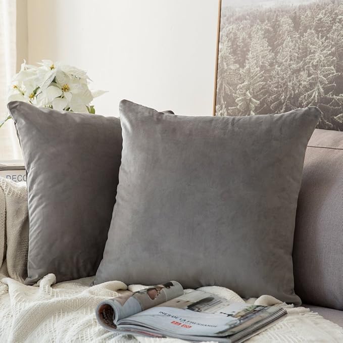 MIULEE Velvet Throw Pillow Covers 16x16 Inch, Pack of 2 - Grey, Soft Solid Decorative Pillow Covers Cushion Cases Modern Luxury Home Decor for Spring Couch Sofa Bedroom Livingroom