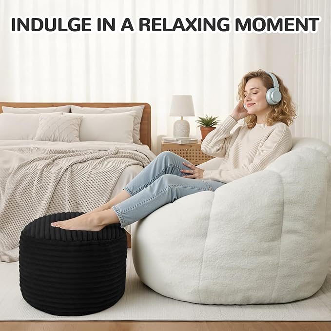 MeMoreCool Stuffed Round Pouf Ottoman Foot Rest, Soft Plush Floor Pouf Foot Stool, Corduray Footstool Footrest, Small Round Ottoman for Living Room Couch Sofa Chair, 20x15 Inch Black