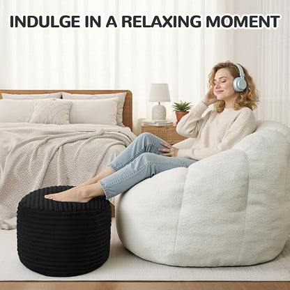MeMoreCool Stuffed Round Pouf Ottoman Foot Rest, Soft Plush Floor Pouf Foot Stool, Corduray Footstool Footrest, Small Round Ottoman for Living Room Couch Sofa Chair, 20x15 Inch Black