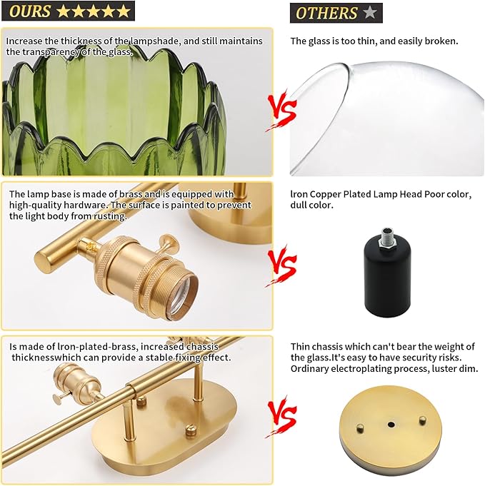 Bathroom Light Fixtures, 4-Light Brass Vanity Wall Light Over Mirror with Green Tulip Glass Shade for Bedroom Living Room (Bulb Not Included)
