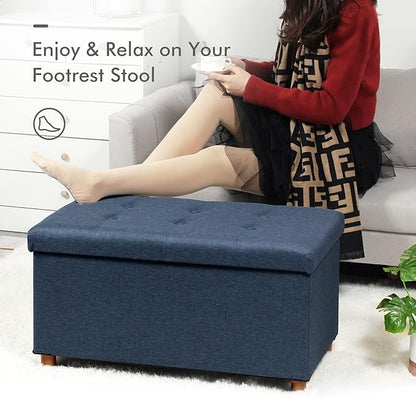 PINPLUS Linen Coffee Table Ottoman with Tray, Large Storage Bench with Wooden Legs, Chest Foot Stools, Ottomans for Living Room Bedroom, Blue, 30" x 15" x 15"
