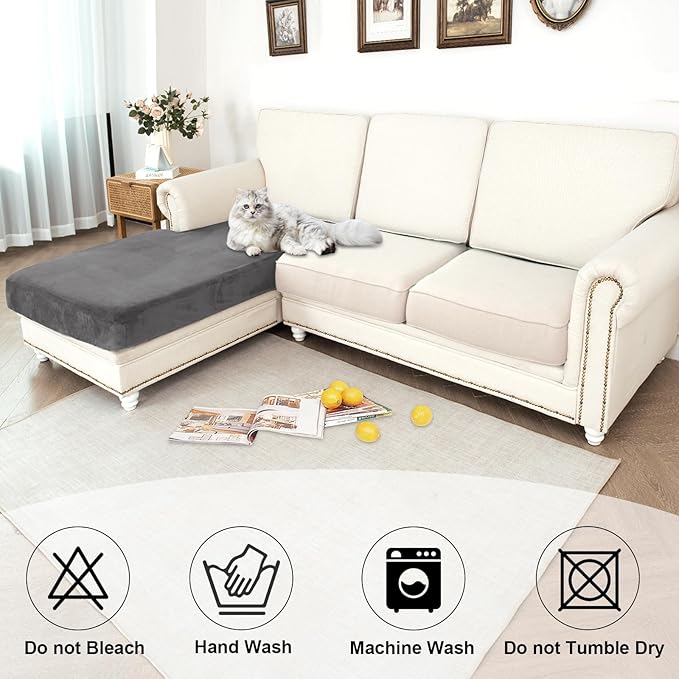 NAISI Waterproof Couch Cushion Covers Thick Velvet Fabric Washable Sofa Slipcovers 1 Piece Individual Sectional Couch Covers with Elastic Bottom(1 PC for Chaise Lounge,Grey)