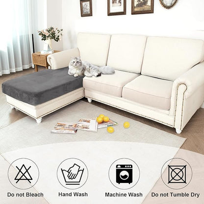 NAISI Waterproof Couch Cushion Covers Thick Velvet Fabric Washable Sofa Slipcovers 1 Piece Individual Sectional Couch Covers with Elastic Bottom(1 PC for Chaise Lounge,Grey)