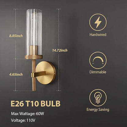 15" Knurled Brass Wall Sconce with Vertical Striped Glass Tube, Gold Bathroom Vanity Light Fixtures, Modern Lamp Lighting for Bedroom, Living Room, Hallway, Staircase, Mirror, Kitchen