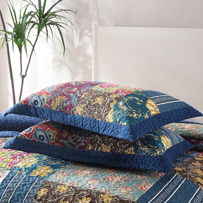Cotton Bedspread Quilt Sets Reversible Bedding Coverlet Sets 3 Pieces Patchwork Blue Vintage Floral Paisley Bedspread, King Size
