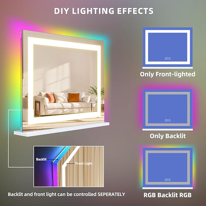 FENCHILIN Vanity Mirror with Lights, 23" x 18" RGB Backlit + Front Lit Hollywood Makeup Vanity Mirror LED Strip with 3 Colors Modes Smart Touch for Dressing Room & Bedroom White
