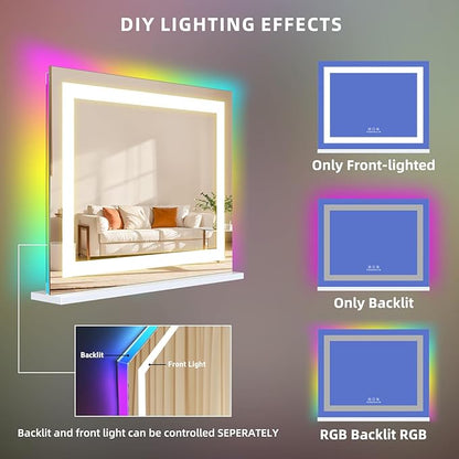 FENCHILIN Vanity Mirror with Lights, 23" x 18" RGB Backlit + Front Lit Hollywood Makeup Vanity Mirror LED Strip with 3 Colors Modes Smart Touch for Dressing Room & Bedroom White