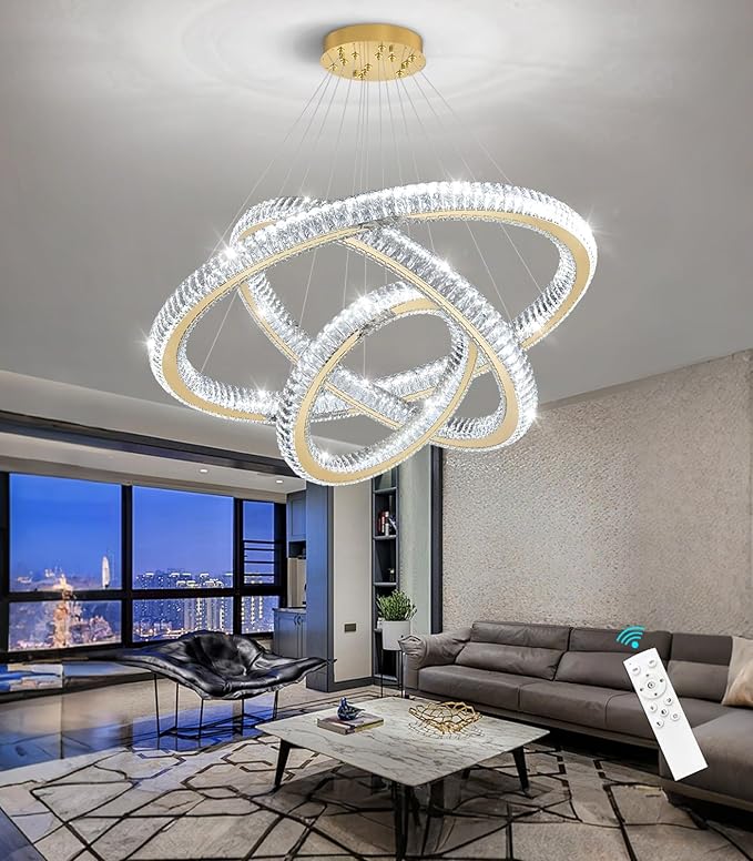 3 Rings Modern LED Chandelier Crystal Dimmable Large Foyer Chanderliers Entryway High Ceiling for Staircase Pendant Lights for Living Room Gold Light