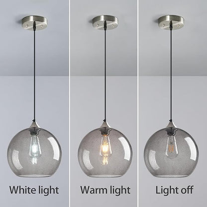 Light Grey Glass Pendant Lights Kitchen Island Globe Pendant Light Fixtures Modern Pendant Lighting for Bedroom Living Dining Room Light Fixture (9.84 in, 3 Pack)