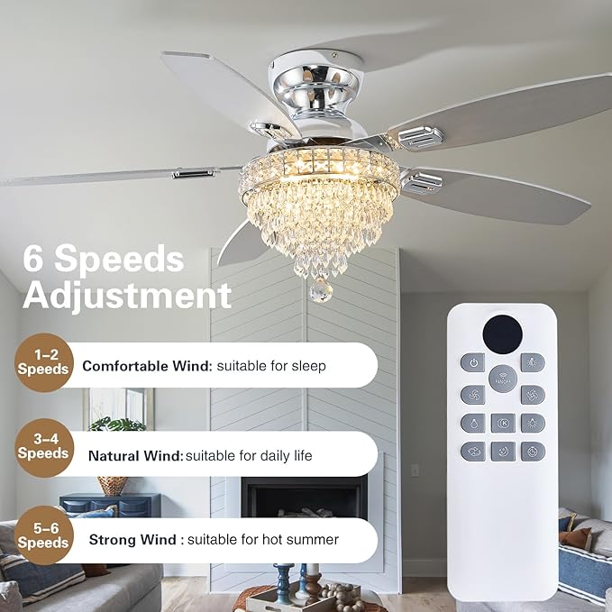 Crystal Ceiling Fan Fandelier with Lights-Ceiling Fans,50" Low Profile and Remote Control, Flush Mount, Reversible, Dimmable, Noiseless,Ceiling Fan for Bedroom（Chrome）