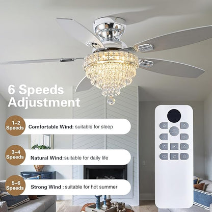 Crystal Ceiling Fan Fandelier with Lights-Ceiling Fans,50" Low Profile and Remote Control, Flush Mount, Reversible, Dimmable, Noiseless,Ceiling Fan for Bedroom（Chrome）