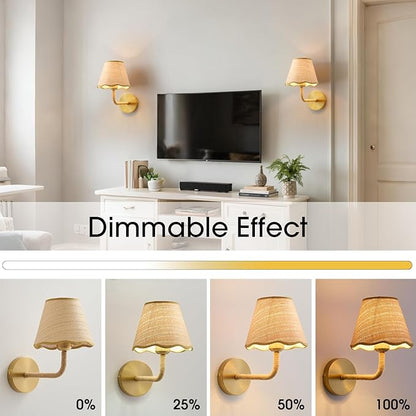 Battery Operated Rattan Wall Sconces Set of Tow, Wireless Rechargeable Battery Powered Wall Light with Grass-Woven Lampshade for Bedroom Living Room Hallway Porch(E26 Bulb Included)