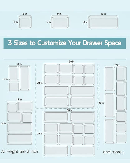 9 Pack Large Clear Plastic Drawer Organizer Trays, Desk Drawer Organizers and Storage Dividers, Non-Slip Storage Bins for Jewelry, Snacks, Office, Bathroom, Bedroom and Kitchen