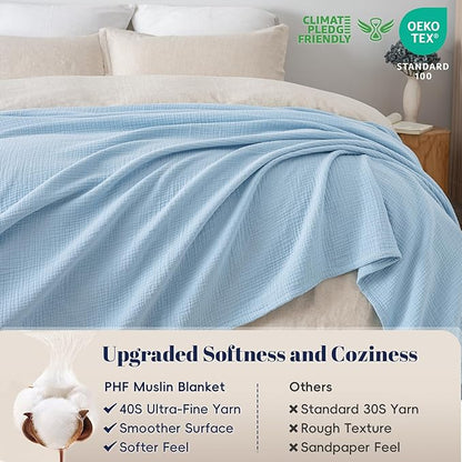 PHF 100% Cotton Muslin Blanket Queen Size 90"x90", 4-Layer Lightweight Gauze Throw, Breathable Cloud-Soft Minimalist Blanket for Bed, Couch, Camping & Baby, Sky Blue, Ideal Gift